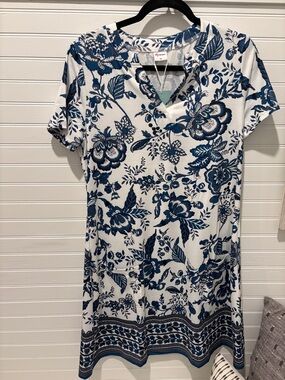 Blue Floral V-Neck T-Shirt Dress
